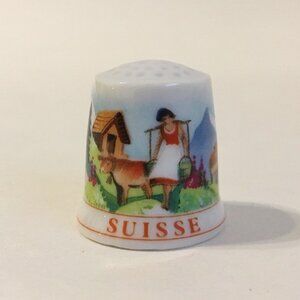 Suisse Langenthal Thimble Switzerland Farmhouse Cows Milk Maid Porcelain Vintage